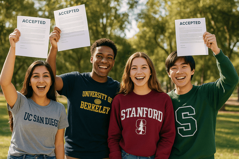 Diverse group of San Diego students celebrating college admissions success with acceptance letters and college apparel.