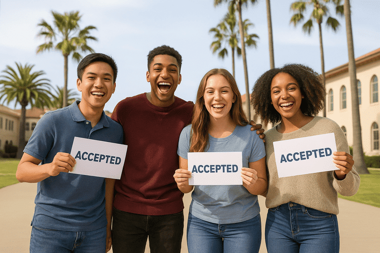 San Diego high school students celebrating college acceptances after working with planning consultants.