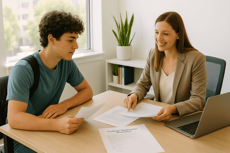 High school student in San Diego receiving help with college applications from a consultant, reviewing drafts and deadlines.