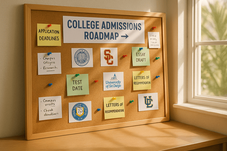College admissions planning roadmap with pinned deadlines and college logos, designed for Southern California students.