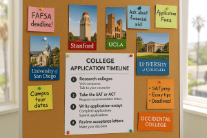 Visual timeline for college applications with California college brochures, notes, and planning materials on display.
