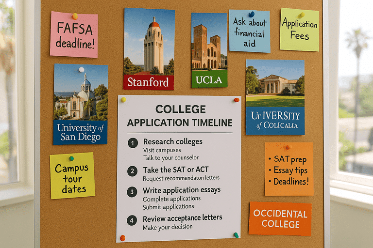 Visual timeline for college applications with California college brochures, notes, and planning materials on display.