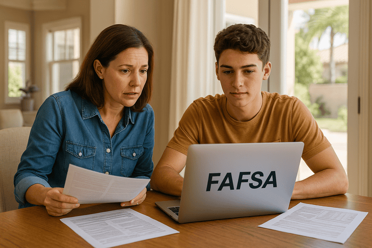 San Diego student and parent completing FAFSA form at home with financial documents and laptop, seeking college financial aid help.