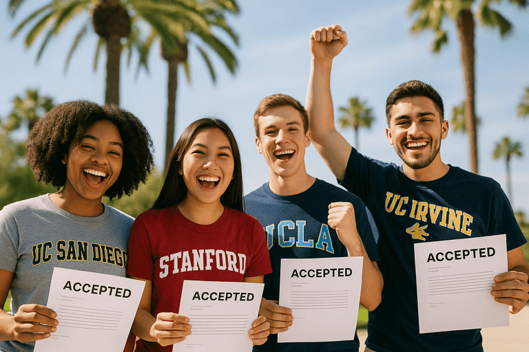 San Diego students celebrating college admissions success with acceptance letters and palm trees behind them.