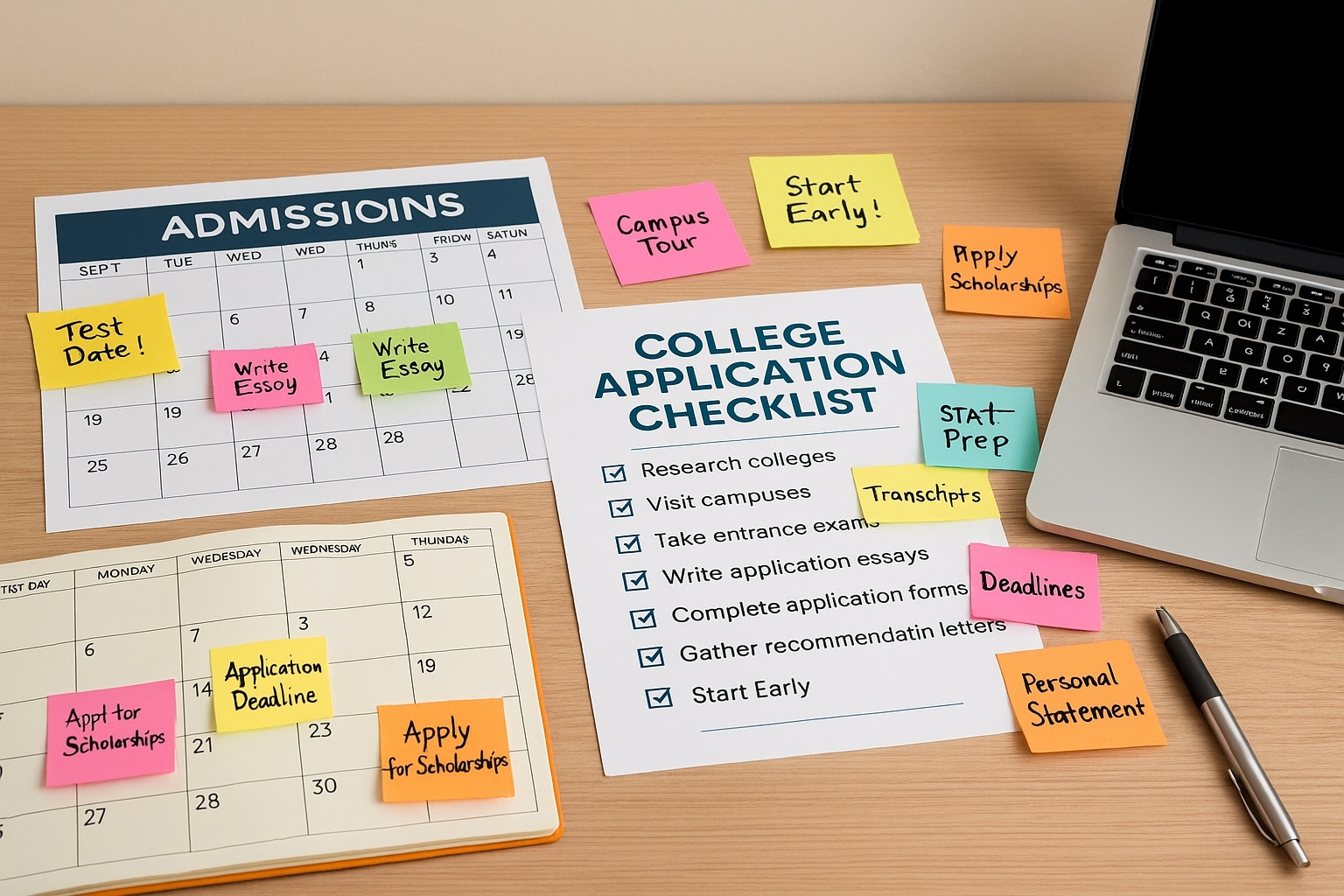 College admissions calendar and checklist with deadlines, reminders, and a laptop on a tidy desk.