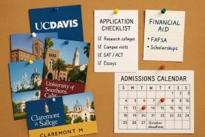 College admissions planning board with brochures, calendars, and checklists for students in Southern California.