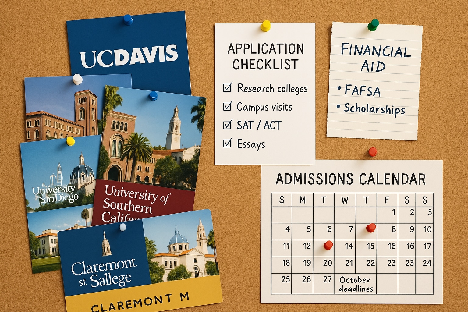 College admissions planning board with brochures, calendars, and checklists for students in Southern California.
