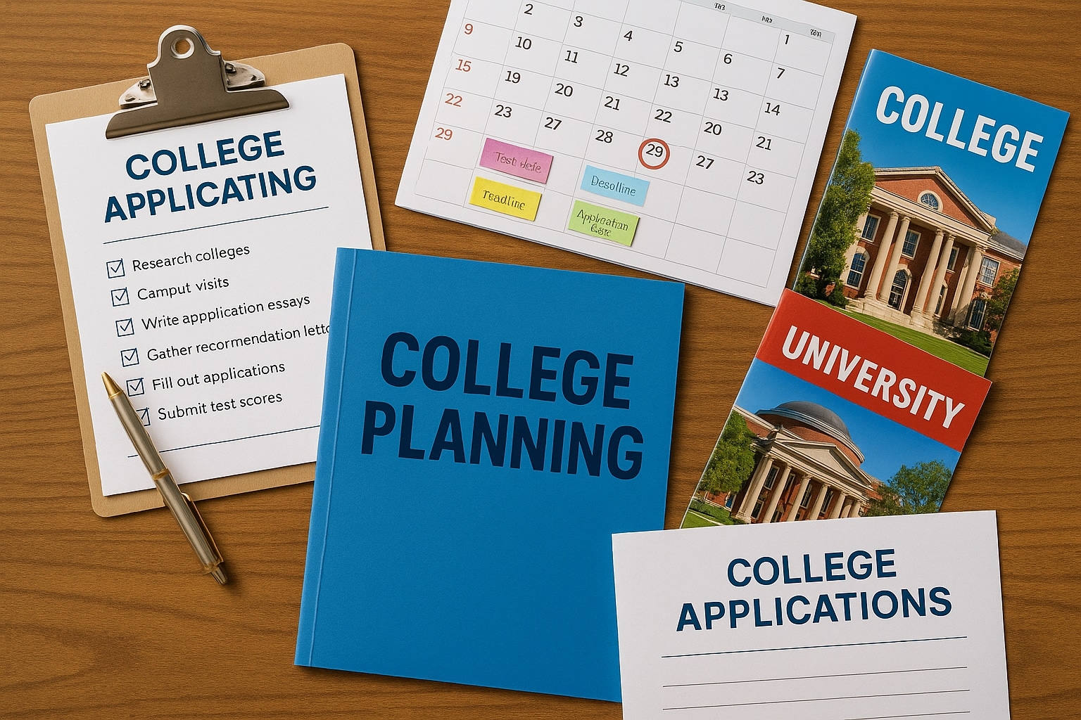 Organized college application planning desk with brochures, checklist, and calendar deadlines.