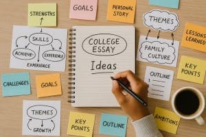 Creative college essay brainstorming session with sticky notes, mind maps, and a student generating ideas.