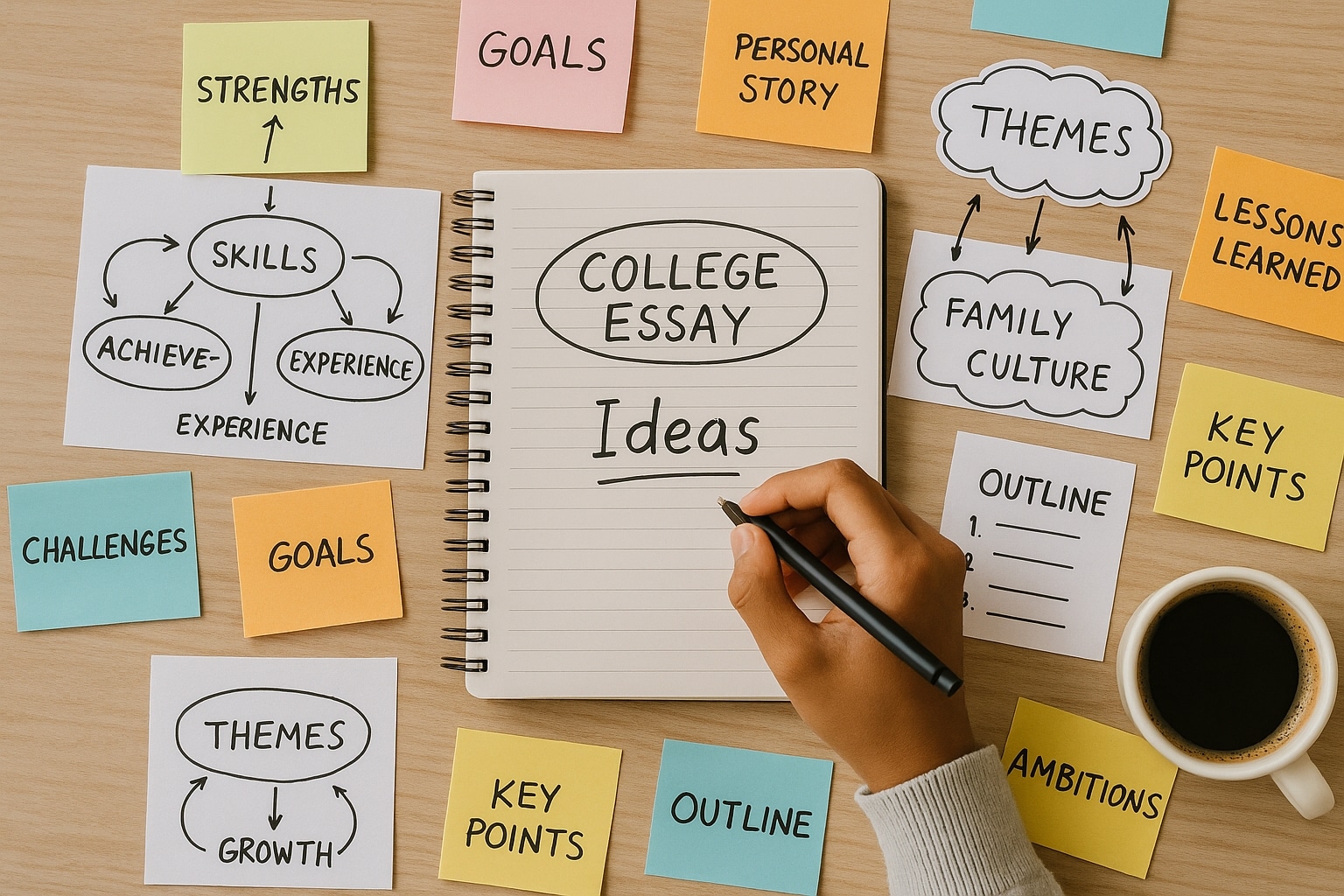 Creative college essay brainstorming session with sticky notes, mind maps, and a student generating ideas.