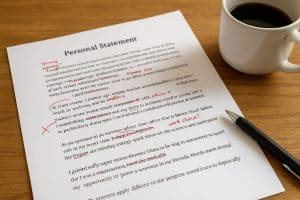 Close-up of a college personal statement draft with handwritten editing notes, pen, and coffee on a desk.