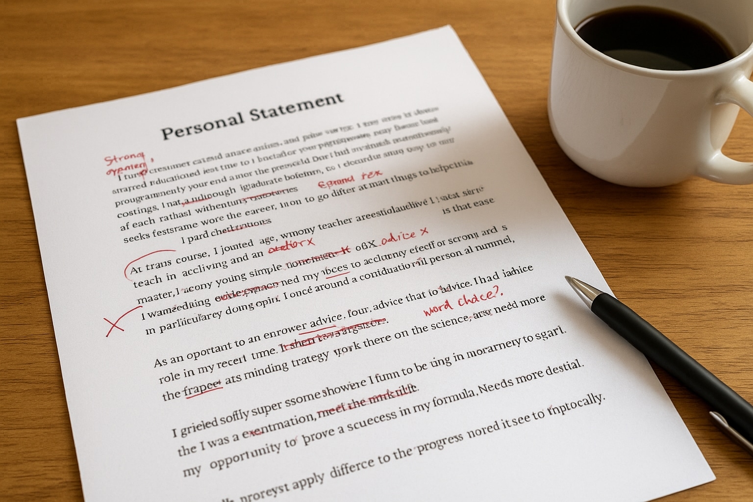 Close-up of a college personal statement draft with handwritten editing notes, pen, and coffee on a desk.