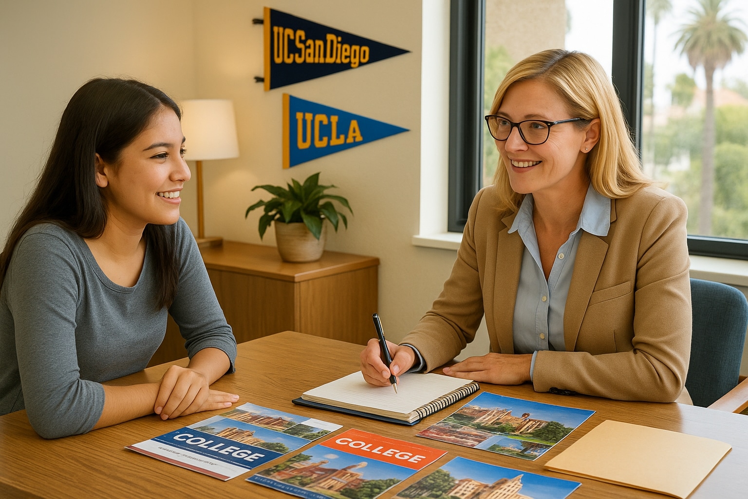 Student meeting with a private college counselor in a bright San Diego office to discuss admissions planning.