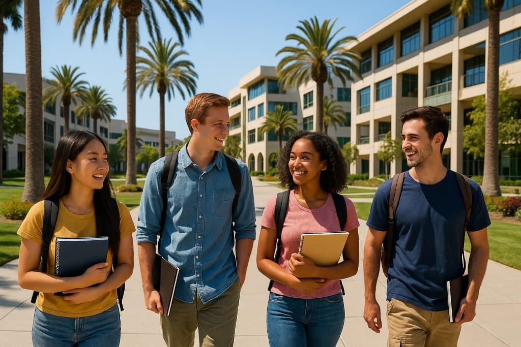 Students touring a scenic Southern California college campus with palm trees and modern buildings.