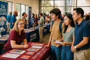 Families and students attending a college fair in San Diego, engaging with local college representatives and gathering admissions materials.