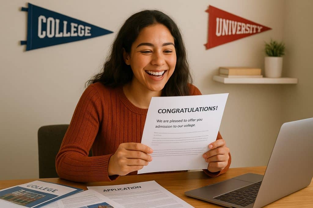 High school student celebrating after receiving a college acceptance letter, surrounded by college-themed decorations.