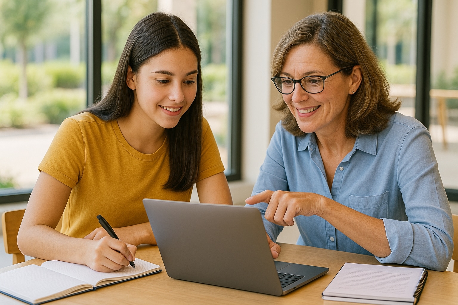 High school student meeting with a college essay coach in San Diego to review personal statement drafts on a laptop.