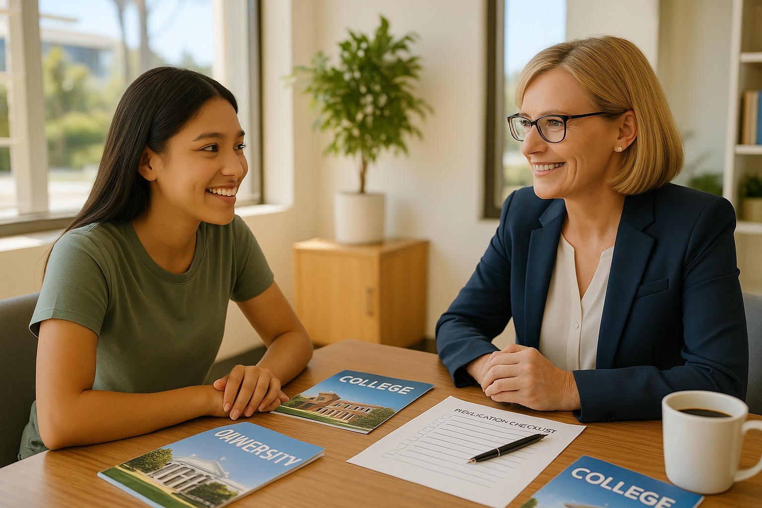Student having a one-on-one college counseling session with a local advisor in a sunny Southern California office.