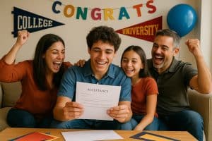 Southern California family celebrating student’s college acceptance with banners and pennants.