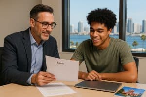 College admissions counselor in San Diego helping a student review their essay draft.