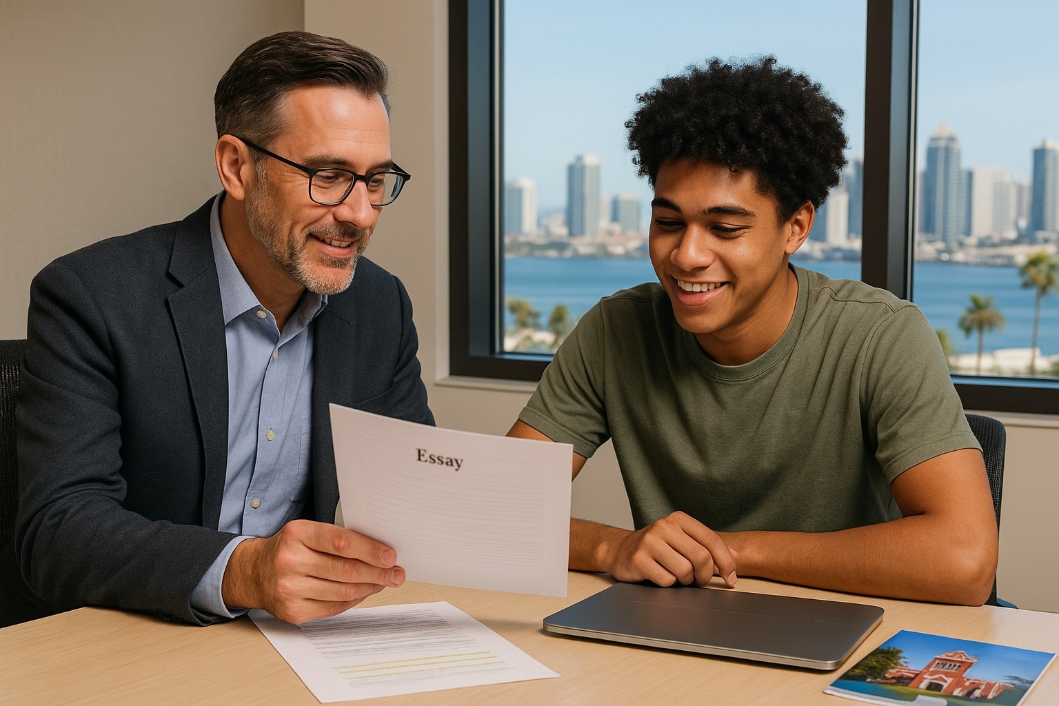 College admissions counselor in San Diego helping a student review their essay draft.