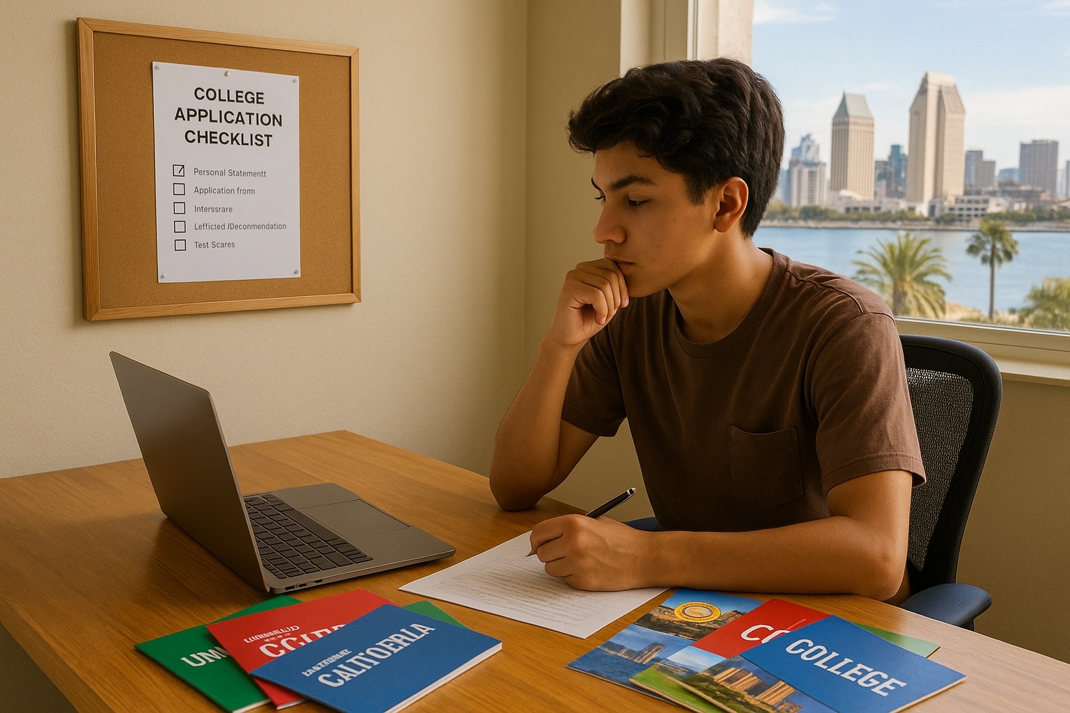 San Diego student planning college applications with laptop, brochures, and a checklist.