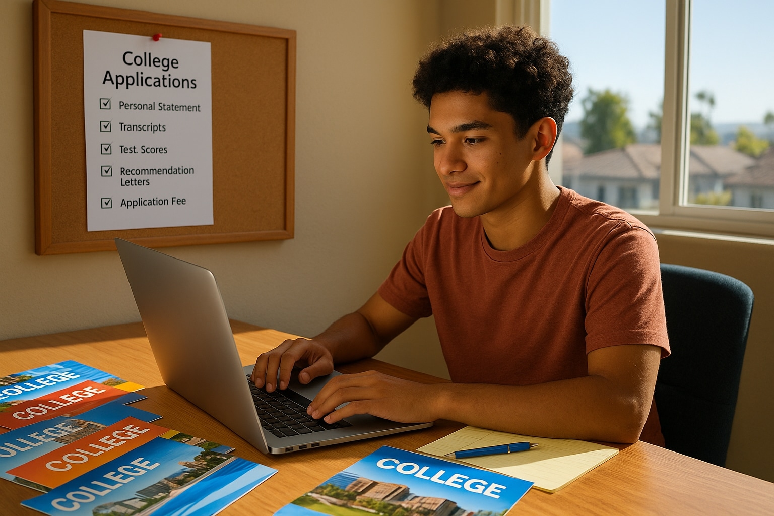 Student in San Diego working on college applications with brochures and a checklist for admissions tasks.