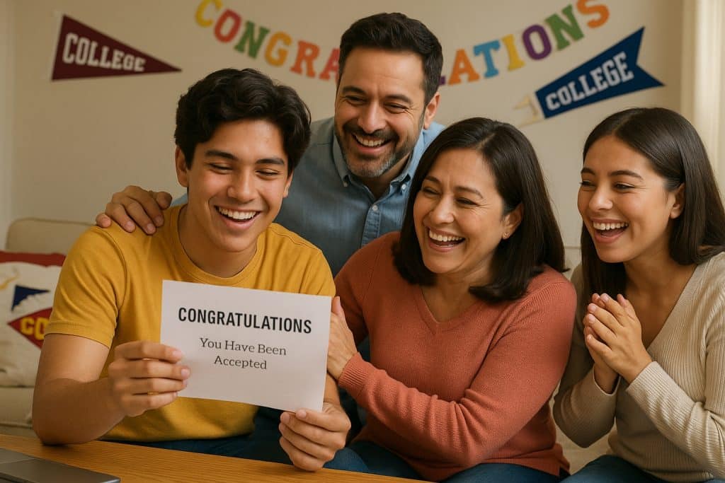 Southern California family cheering as student opens a college acceptance letter surrounded by college pennants.