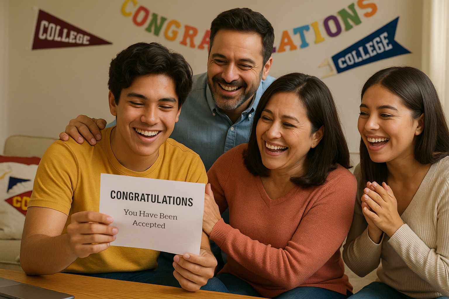 Southern California family cheering as student opens a college acceptance letter surrounded by college pennants.
