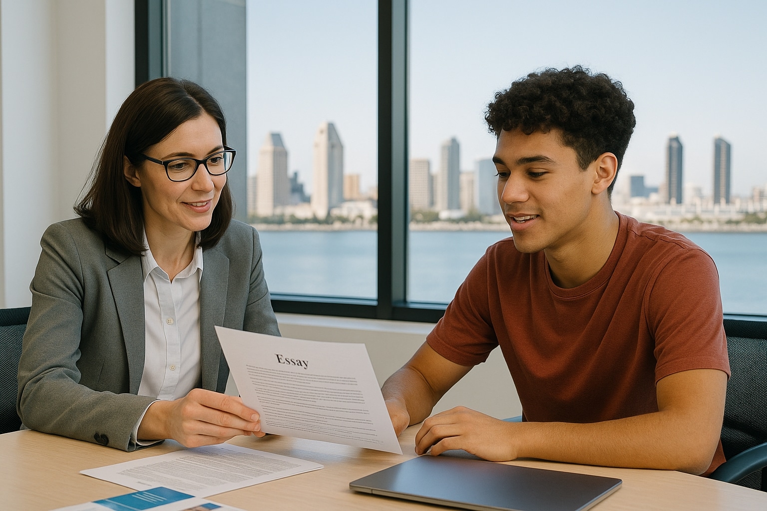 San Diego college consultant helping a student review essays and application materials.