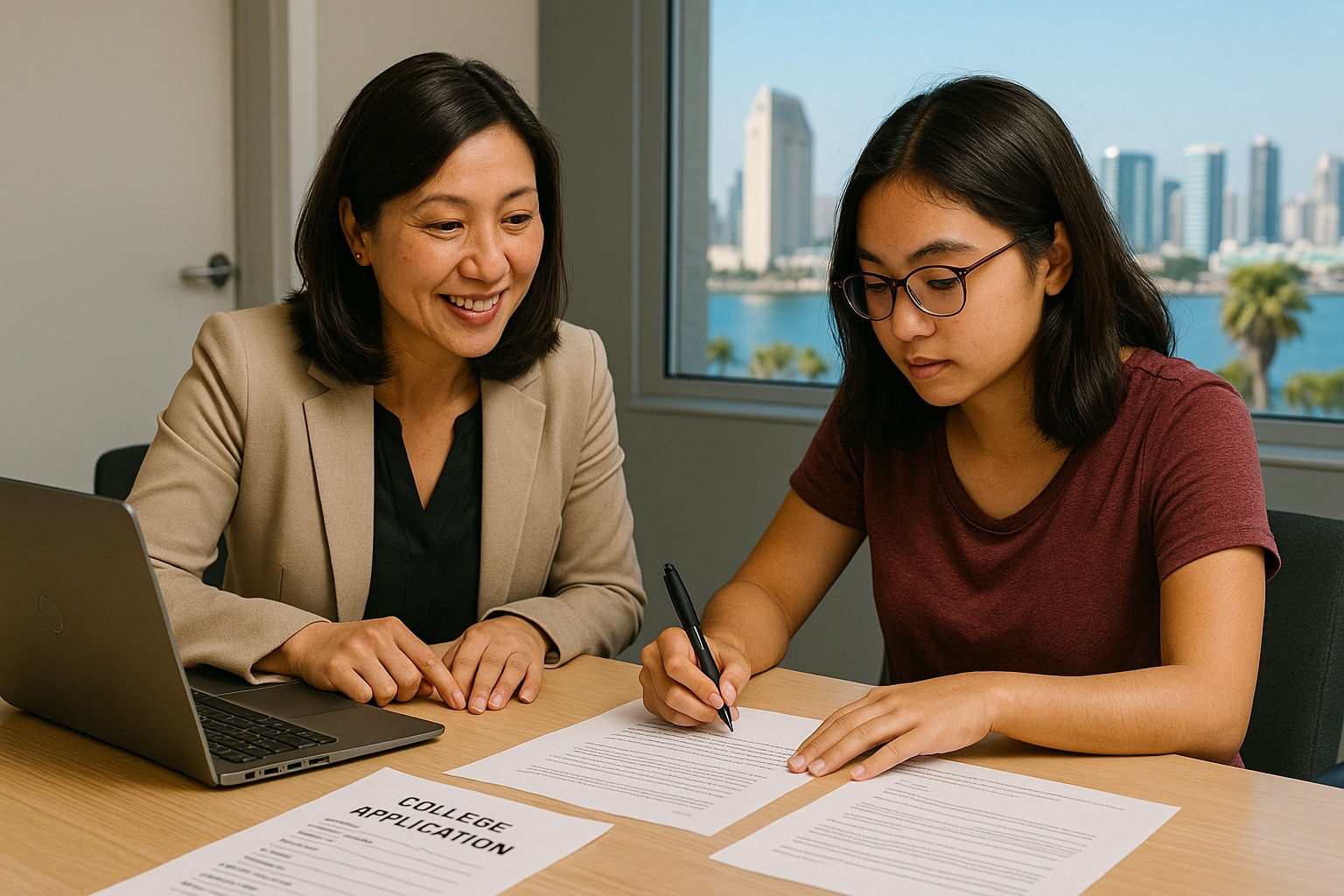 San Diego student preparing college applications with laptop, brochures, and checklist, seeking guidance from a local college consultant.