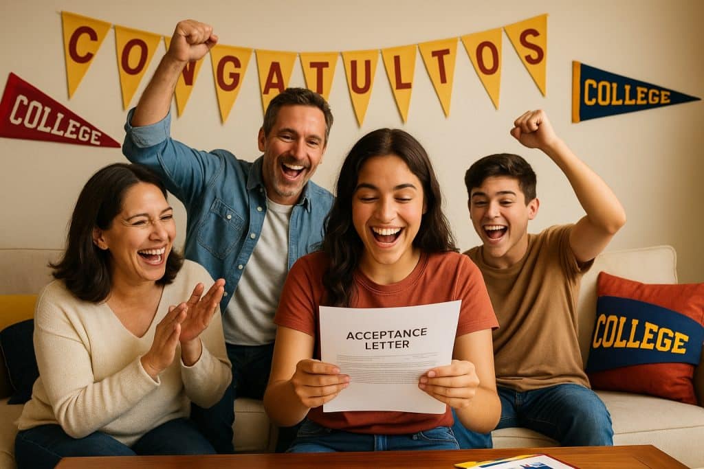 Southern California family celebrating a student’s college acceptance with banners and decorations.