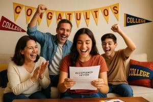 Southern California family celebrating a student’s college acceptance with banners and decorations.