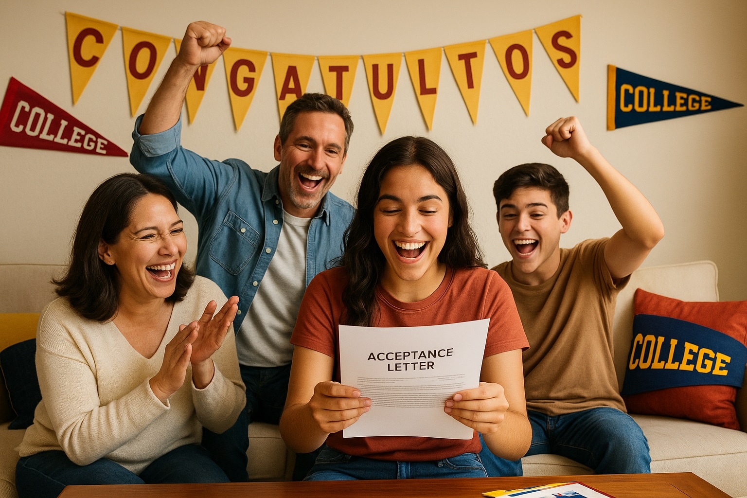 Southern California family celebrating a student’s college acceptance with banners and decorations.