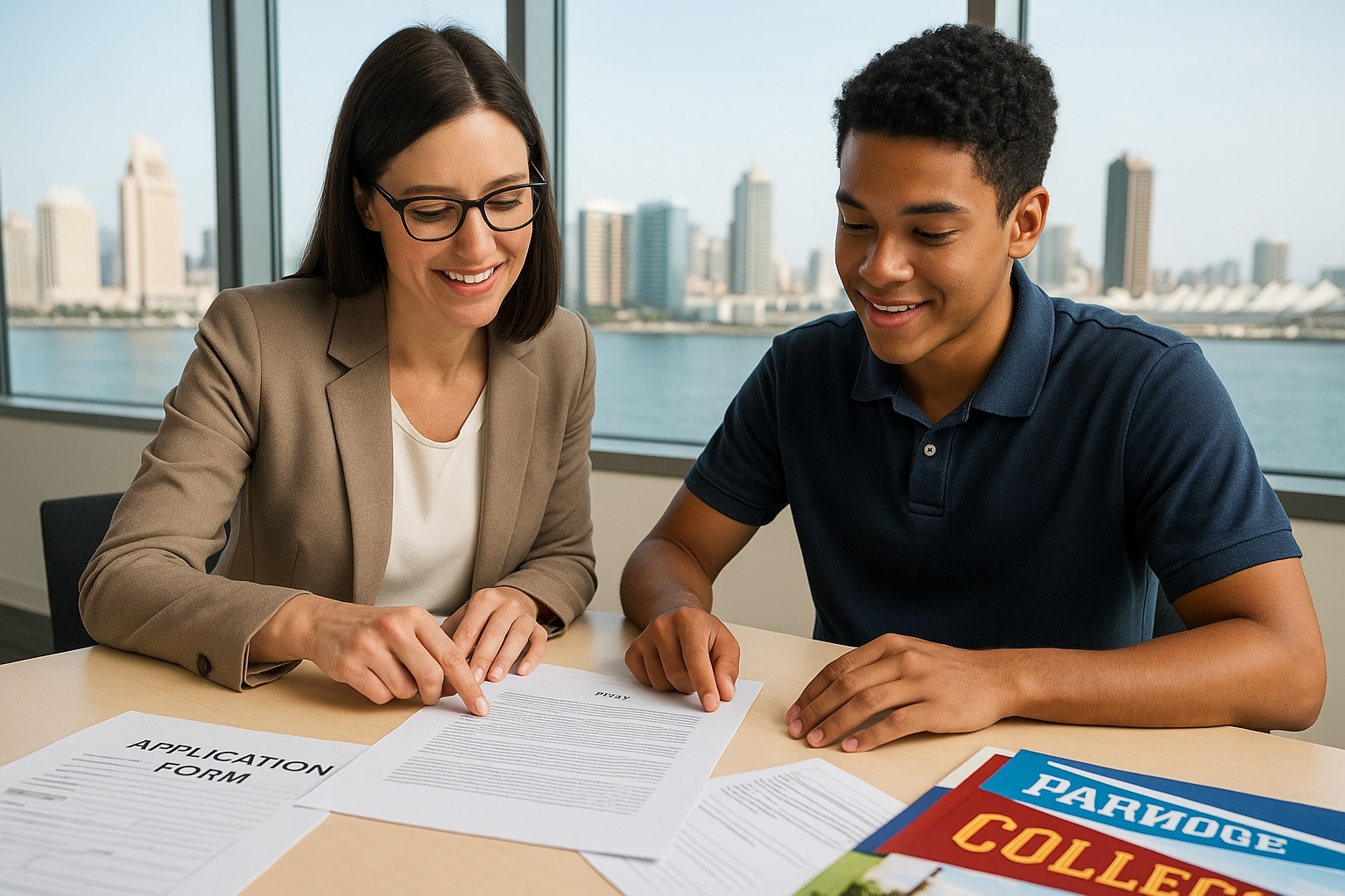 College prep counselor in San Diego guiding a student through essays and application forms.