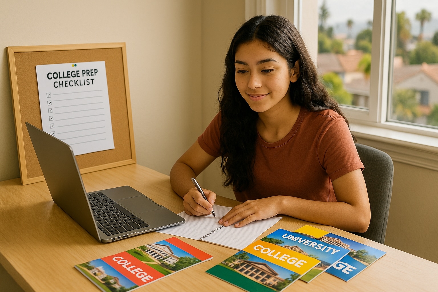 San Diego student using college prep services with laptop, brochures, and checklist for admissions planning.