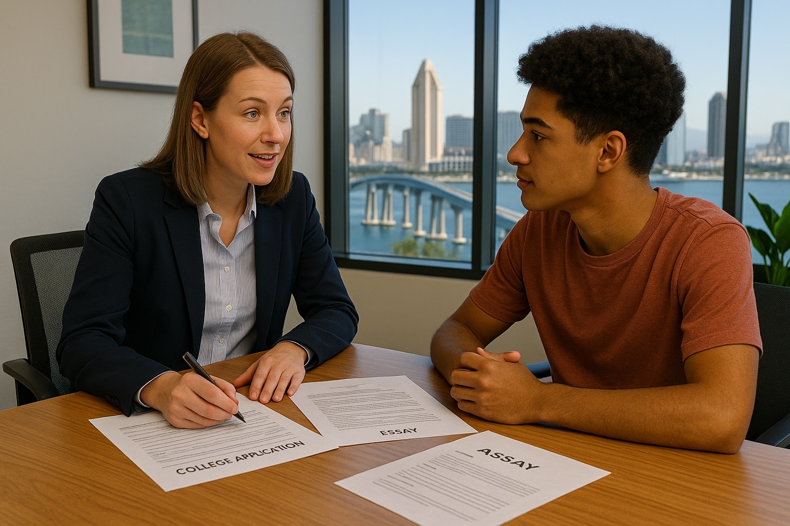 San Diego college counselor guiding a student through application forms and essays.