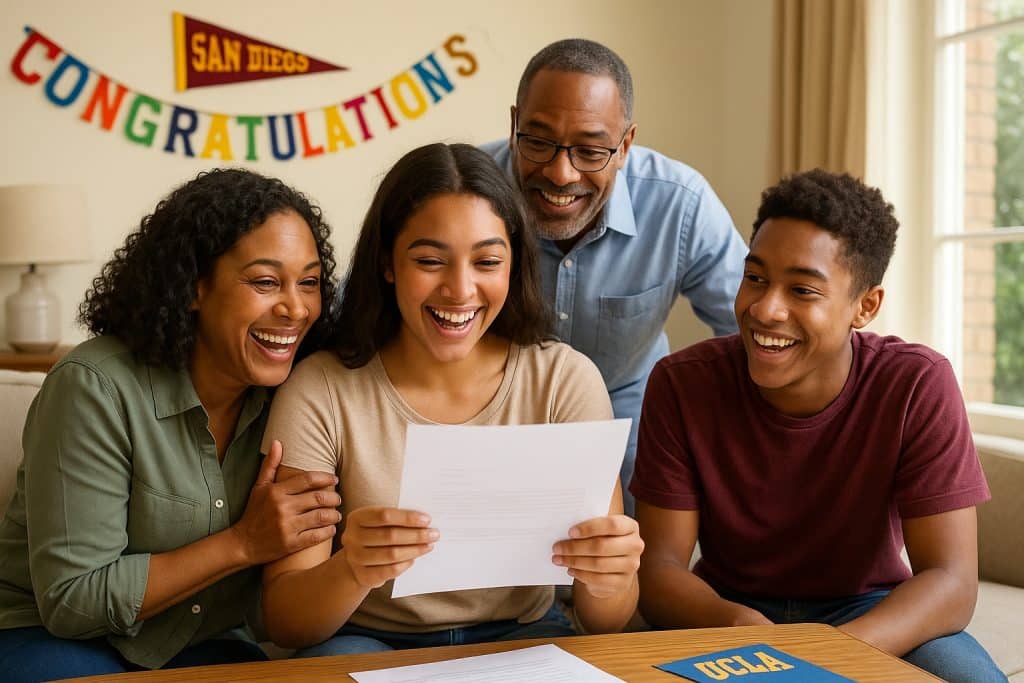 Southern California student celebrating after receiving a college acceptance letter with family.