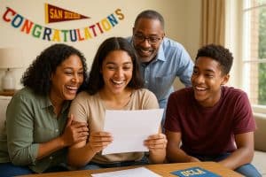Southern California student celebrating after receiving a college acceptance letter with family.