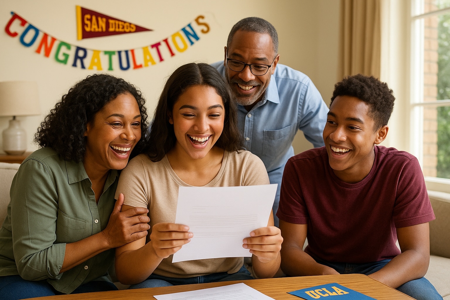 Southern California student celebrating after receiving a college acceptance letter with family.
