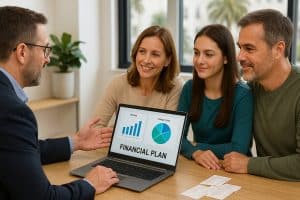 College financial consultant in San Diego guiding a family with charts and laptop for effective planning.