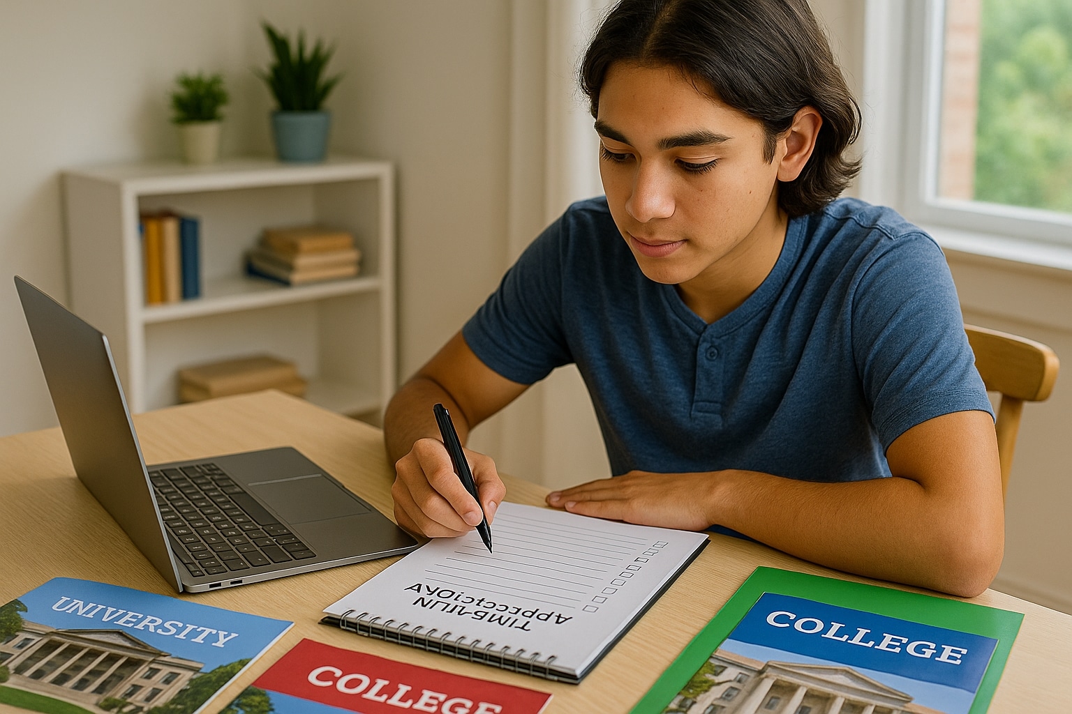 San Diego student working on college application strategy with laptop, checklist, and brochures.