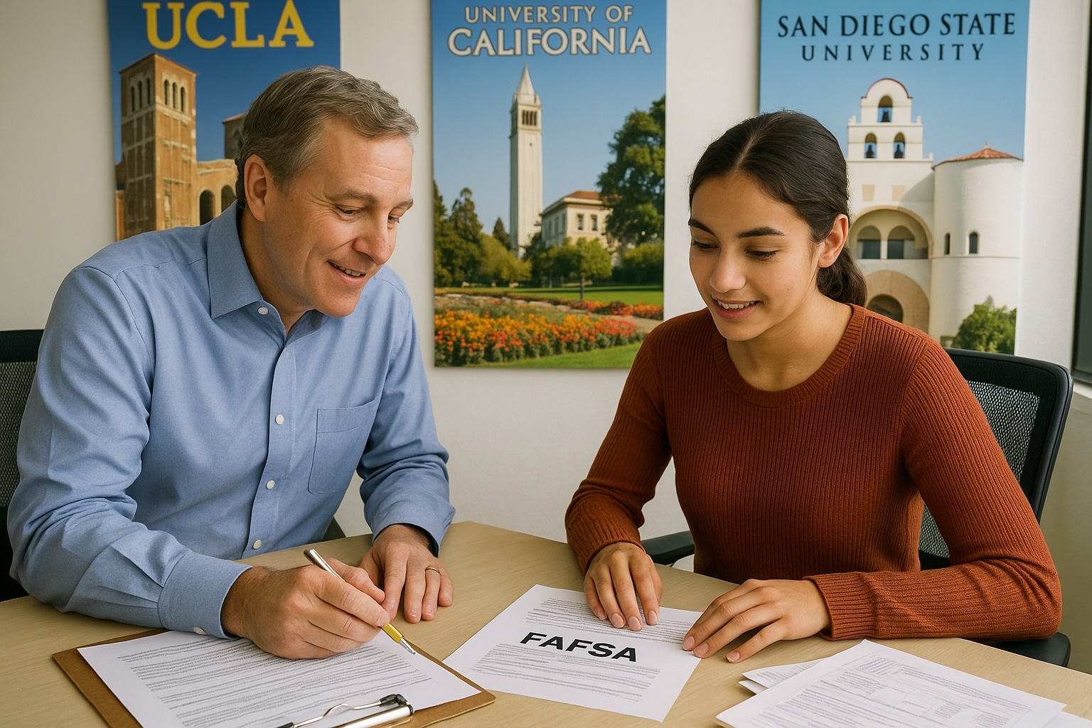 Financial aid advisor in Southern California guiding a student on FAFSA help near me with forms and college posters.