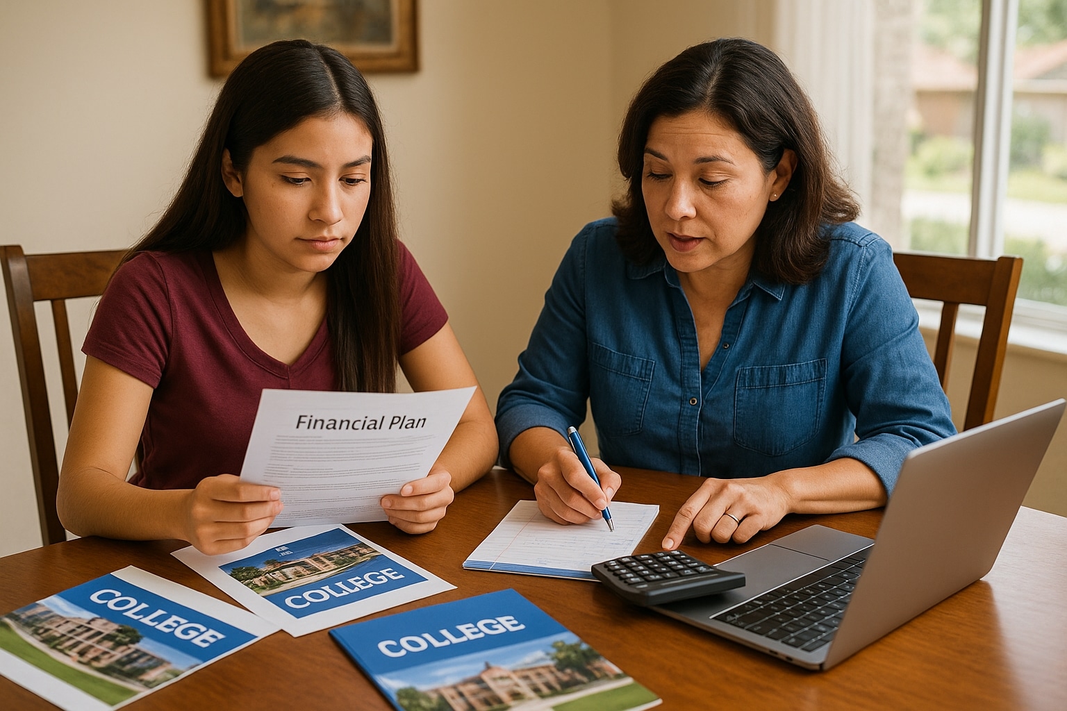 San Diego family working on college financial planning with laptop, calculator, and brochures at the dining table.