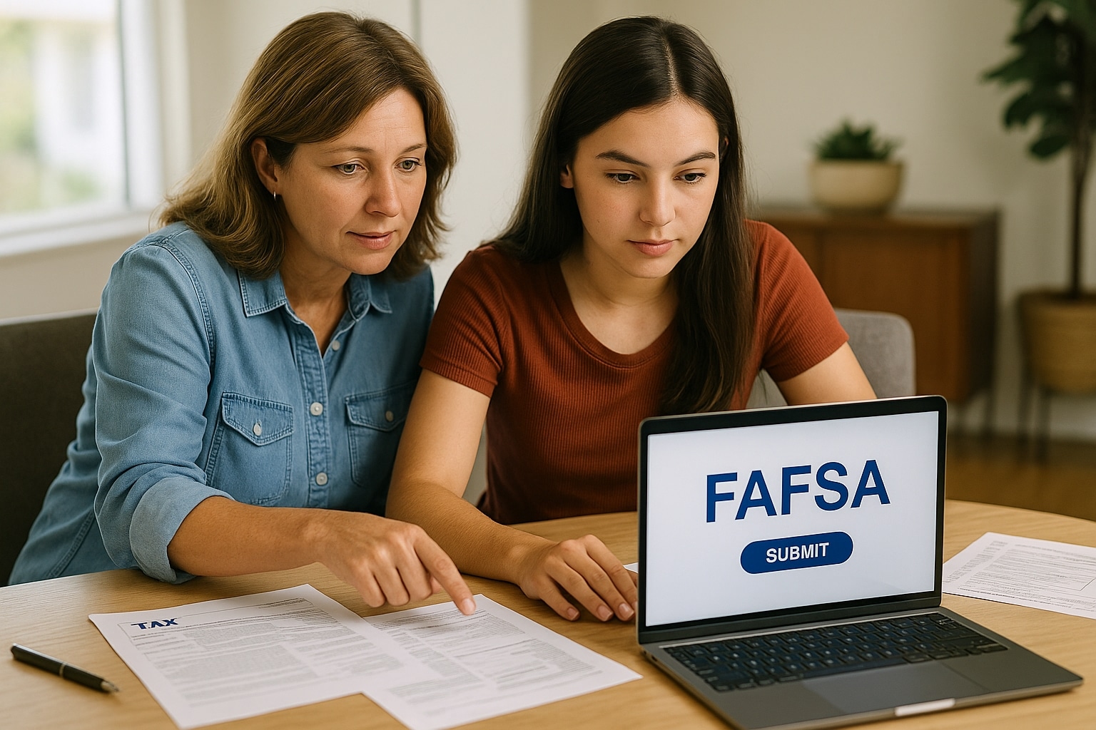 San Diego student with parent receiving FAFSA help near me, filling out online forms at a laptop with documents.