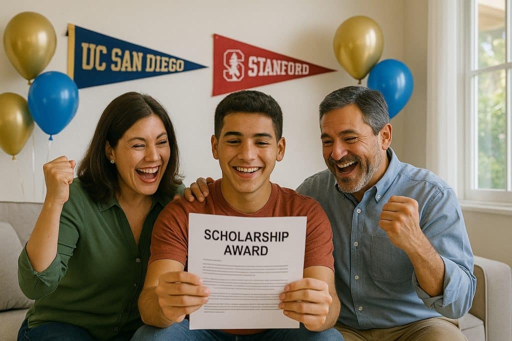 Family in San Diego celebrating scholarship help for college award acceptance with banners and balloons.