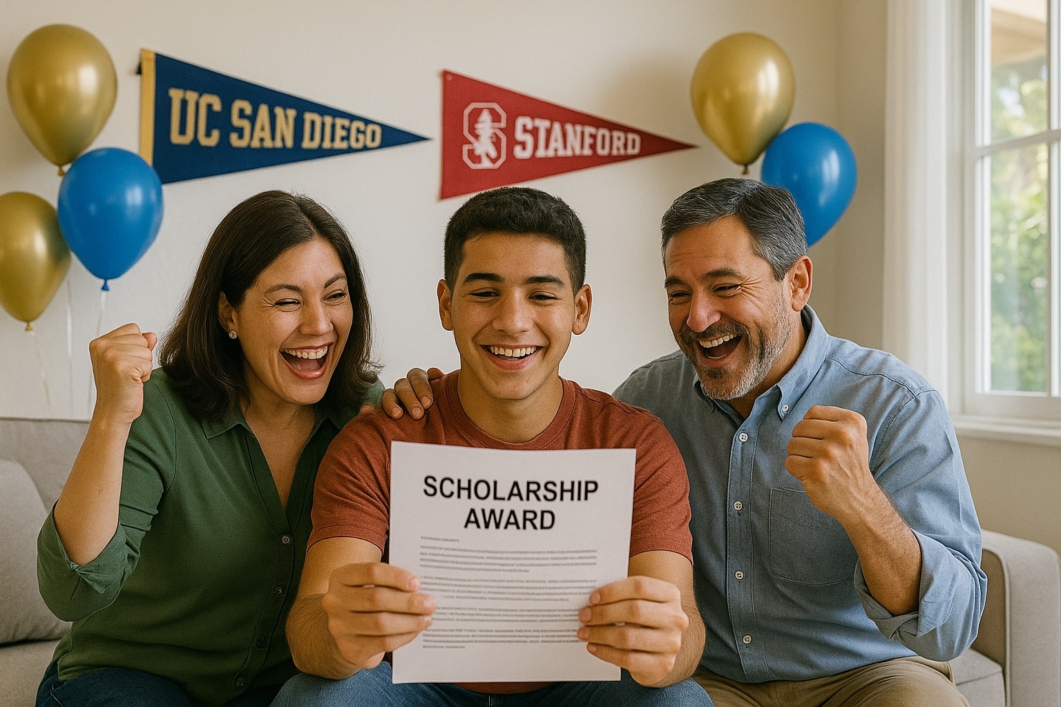 Family in San Diego celebrating scholarship help for college award acceptance with banners and balloons.