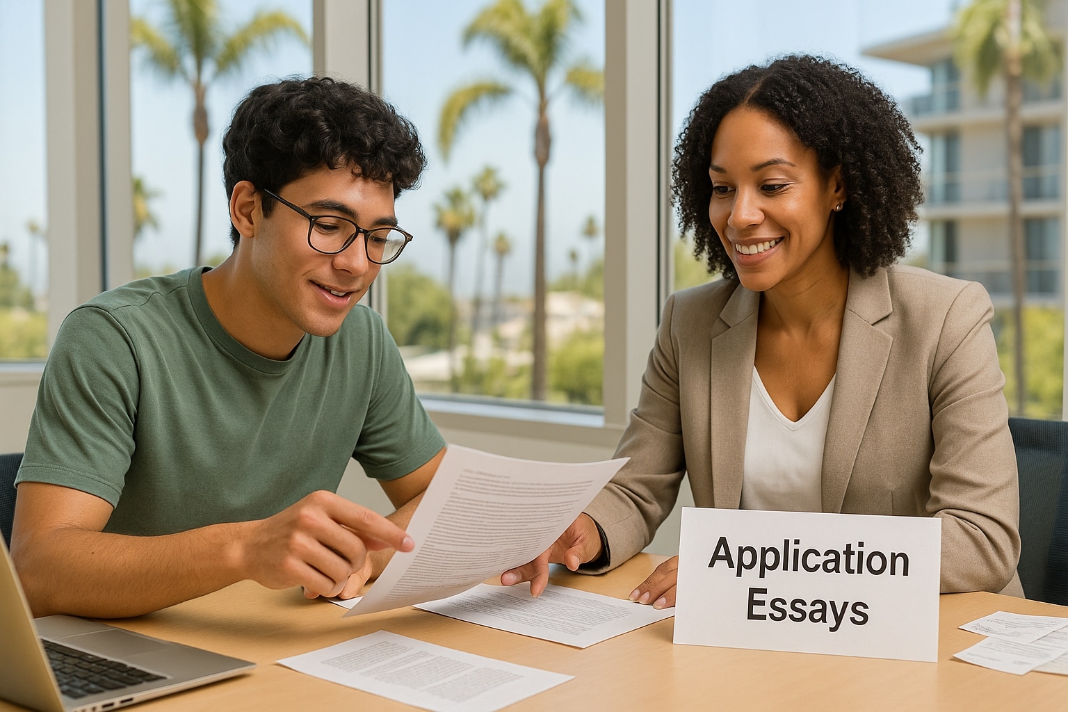 College consultant in Southern California guiding a student on essay drafts for a strong college application strategy.