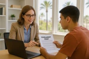 College consultant in Southern California guiding a student through scholarship help for college essays.
