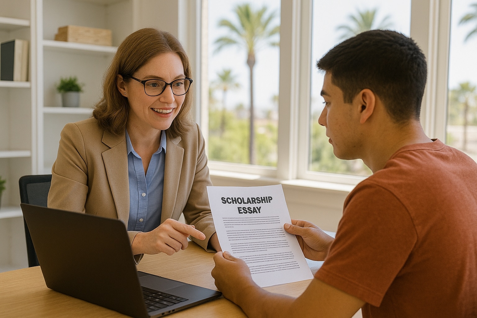 College consultant in Southern California guiding a student through scholarship help for college essays.
